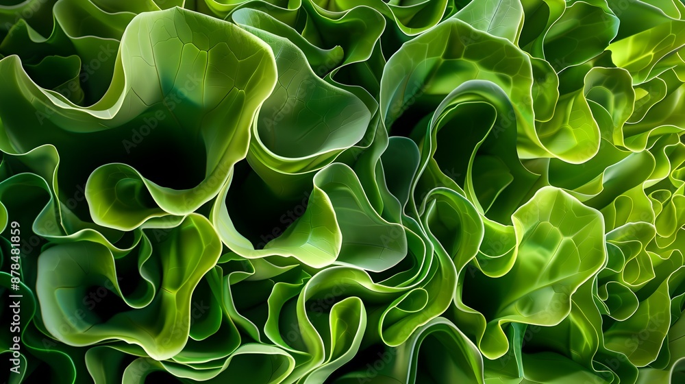 Poster magnified view of lush green lettuce-textured organic surface with dynamic flowing patterns