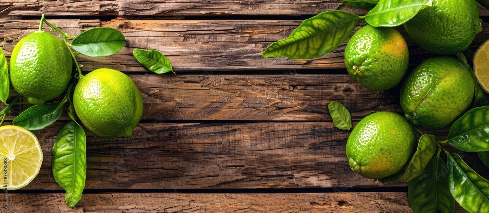 Poster close-up of fresh ripe limes and green leaves on a wooden table with ample copy space image.