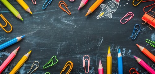 A blackboard with a colorful assortment of pencils and paper clips