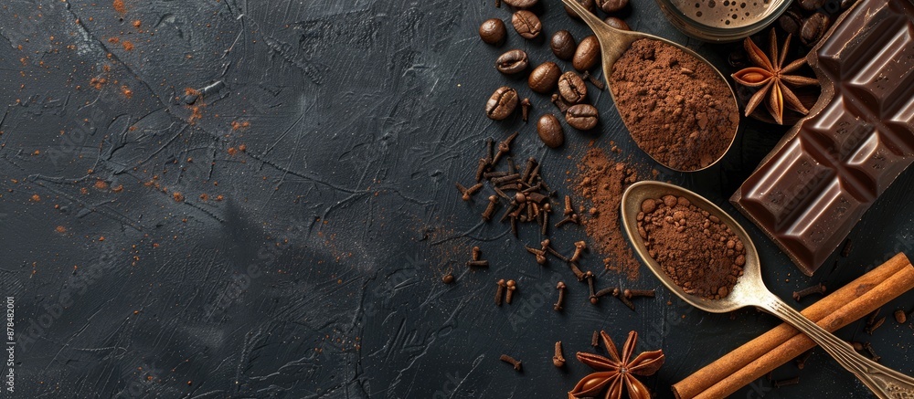 Poster Dark slate background with copy space image featuring cocoa and coffee beans, vintage spoon with cocoa powder, cinnamon sticks, and broken chocolate slices from a top view.