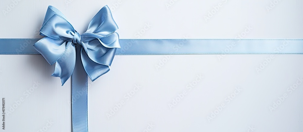 Poster elegant blue bow tied with three satin ribbons aligned on a plain white backdrop, ideal for a copy s