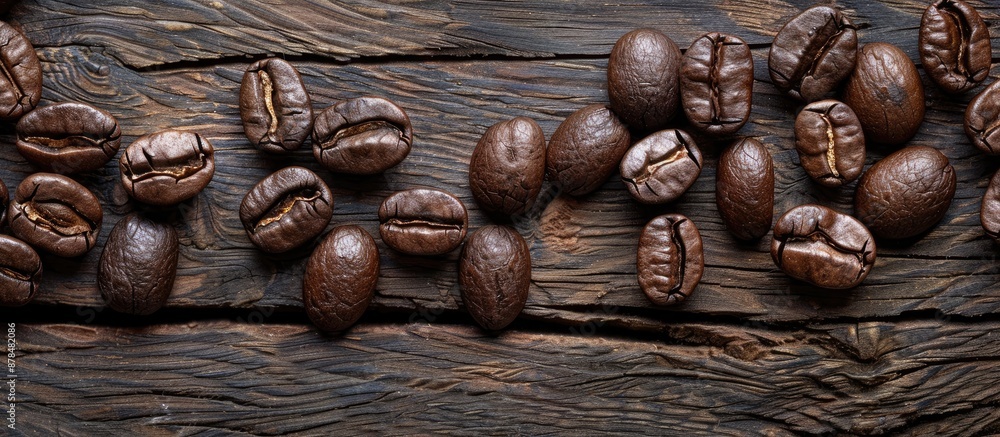 Poster close-up shot of tempting roasted coffee beans on a rustic wood backdrop, with ample copy space imag