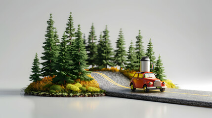 Nature Road Trip Adventure: 3D Flat Icon Blended with Car Dashboard, Forest Road, and Thermos   Copy Space Available