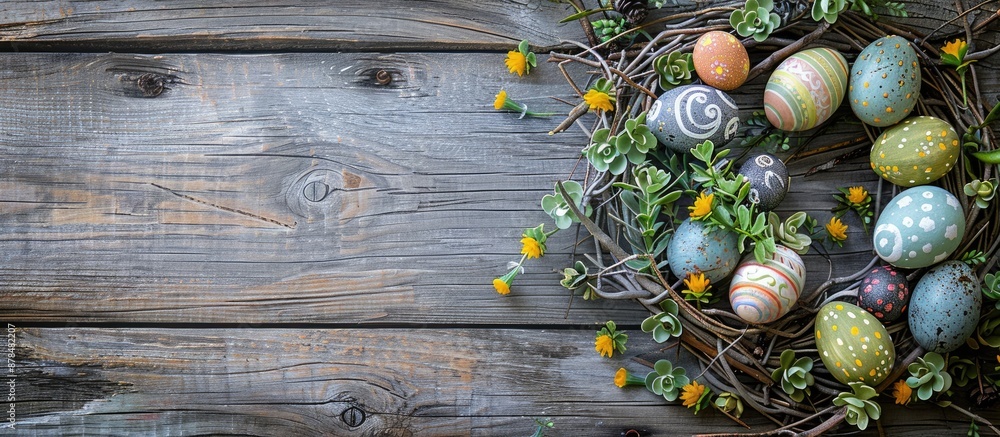 Aufkleber Festive Easter decorations like eggs and a wreath made from vines displayed on a rustic wooden table, providing an attractive background with room for text. image with copy space