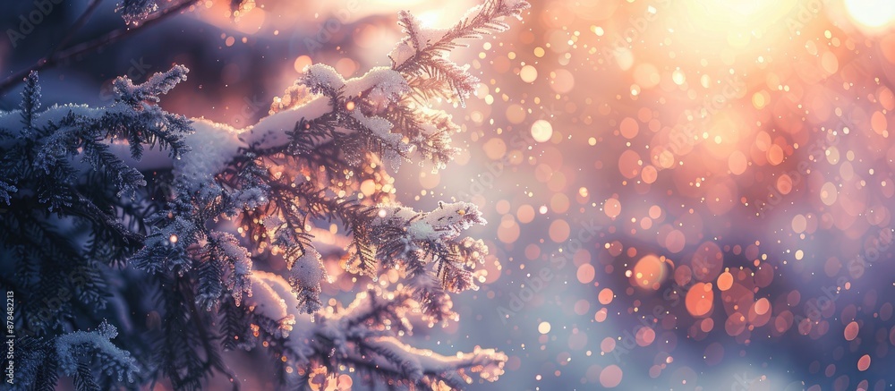 Poster close-up image of snow-covered tree branches during a winter storm at sunset with frost and sunlight