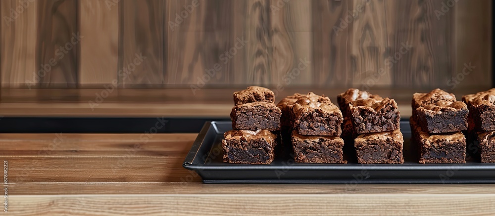Aufkleber Brownies are neatly arranged on a black tray in a shelf with a copy space image for sale.