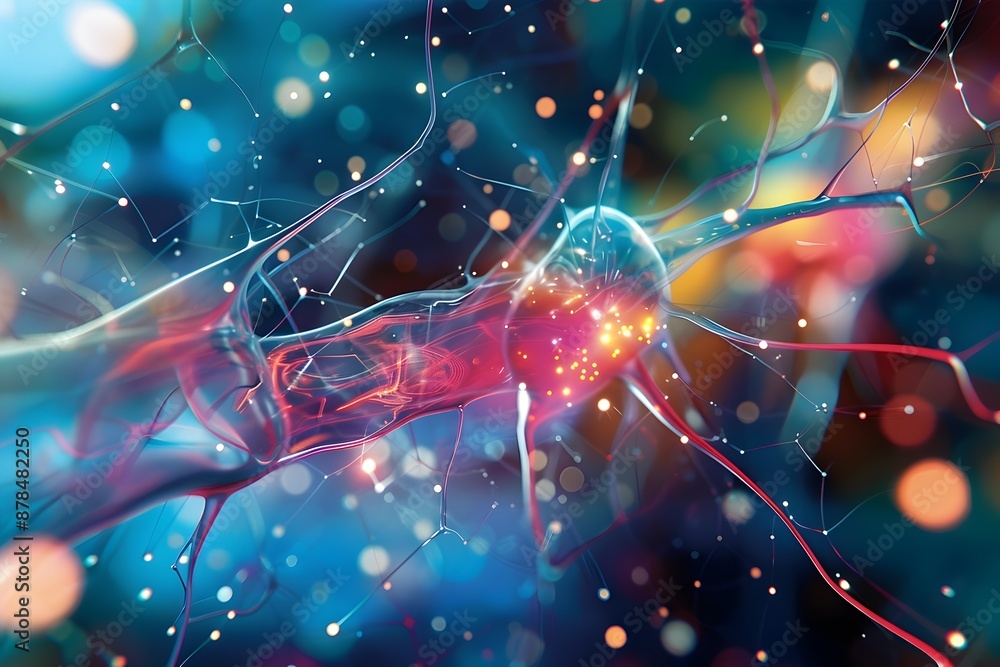 Poster abstract representation of cerebellum's neural network showcasing intricate interconnections and vib