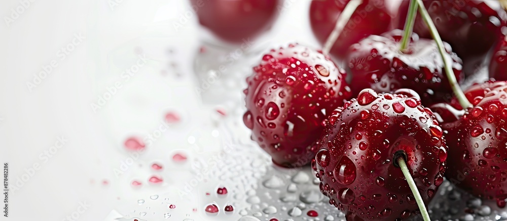 Poster Close-up of succulent cherries with water droplets on a plate against a white backdrop, with selective focus and space for text or images. image with copy space
