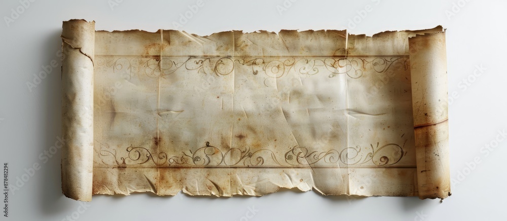 Fototapete Close-up of an ancient scroll design on a white background with copy space image for a medieval manuscript concept.