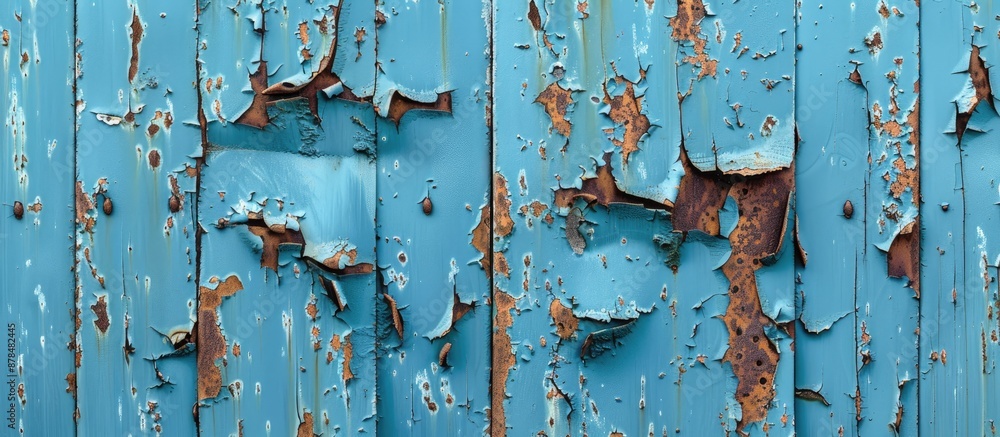 Poster abstract background featuring the texture of an old rusty metal sheet with peeling blue paint, provi