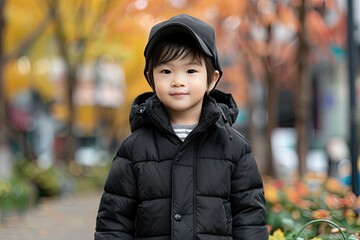 Young Boy in Black Puffy Jacket, Autumn Stroll