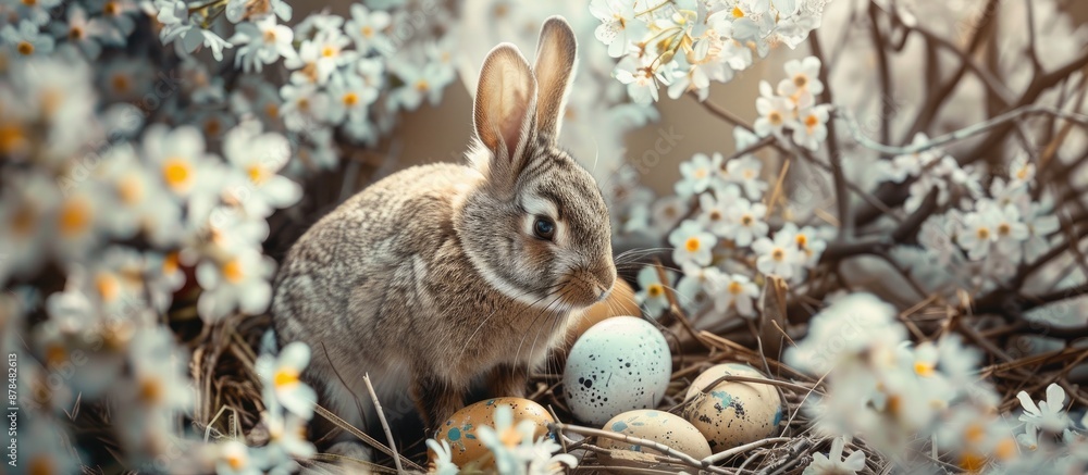 Poster easter-themed decor featuring a rabbit, eggs, and fresh spring blossoms, with space for adding image