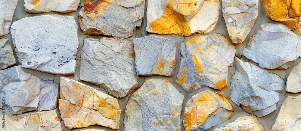 Aufkleber close-up image of a light stone wall showcasing a mix of yellow, gray, and orange stones with cement
