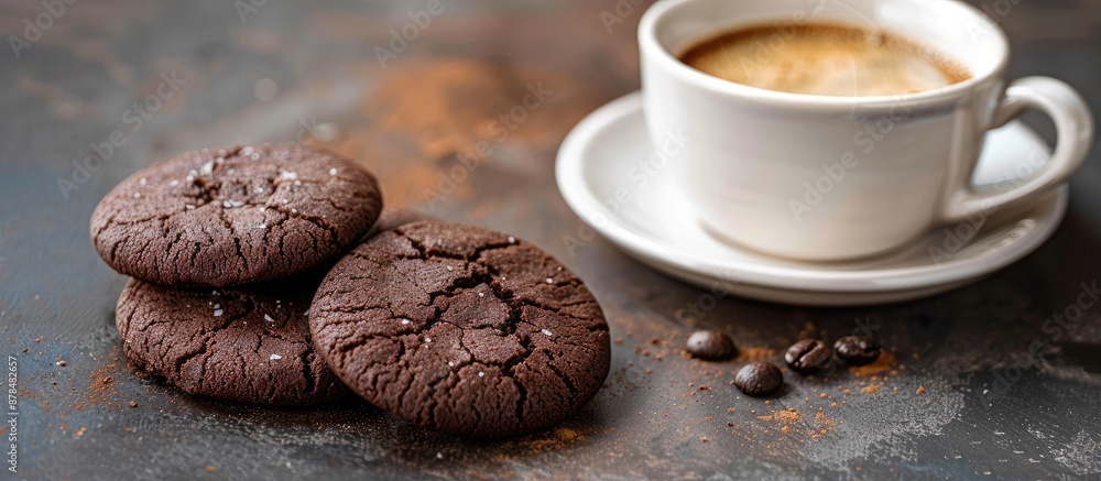 Aufkleber Close up of chocolate cookies and coffee cup, creating a symbolic copy space image representing a delicious snack or sweet dessert with selective focus.