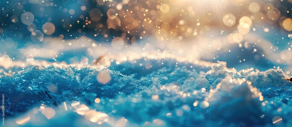 Poster Close-up view of snow surface with bokeh effect, shallow depth of field, ideal for festive designs like Christmas and New Year, offering ample copy space image.