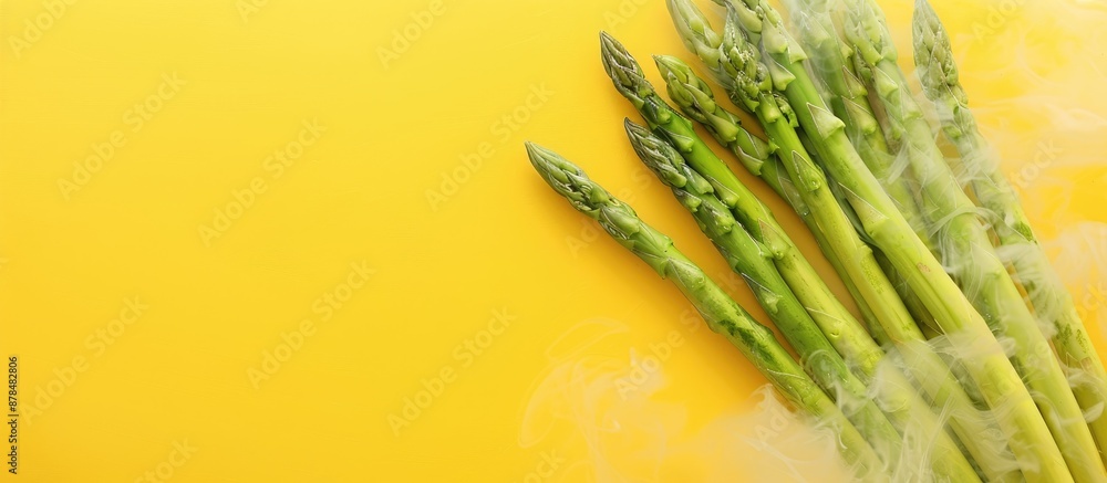 Aufkleber Asparagus steaming on a yellow backdrop with top-down copy space.