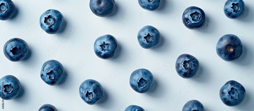 Poster Blueberries arranged on a white surface with room for text; view from above. image with copy space