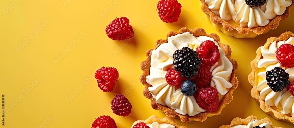 Poster delicious tartlets topped with whipped cream and berries on a bright yellow backdrop with copy space