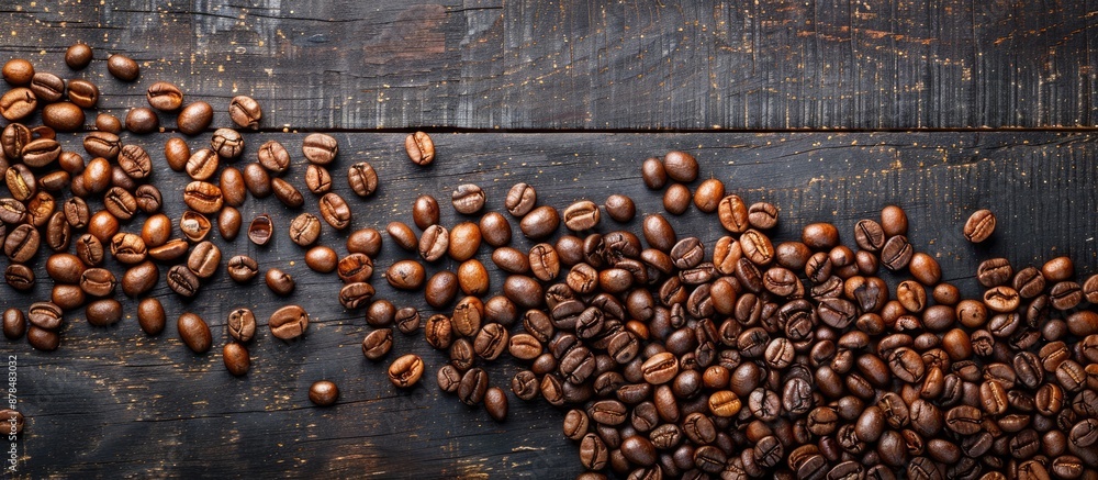 Poster Coffee beans arranged in a rustic pile with various shades and textures, creating an inviting scene with a copy space image.