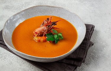 shrimp cream soup, bisque soup, French cuisine, homemade, no people,