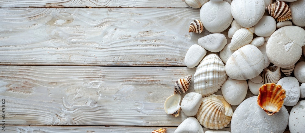 Poster elegant arrangement of white marble stones and seashells on a wooden backdrop with ample copy space 