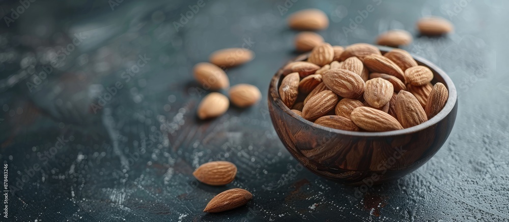 Poster almonds in a dark wooden bowl on a slate table for healthy diet concept with available copy space im