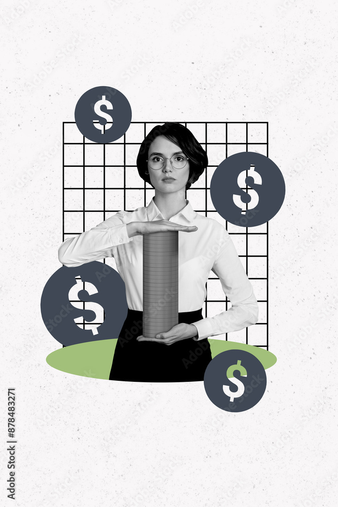 Wall mural Trend artwork composite sketch image collage of office manager young lady businesswoman stand hold between hands coins bitcoin money rich