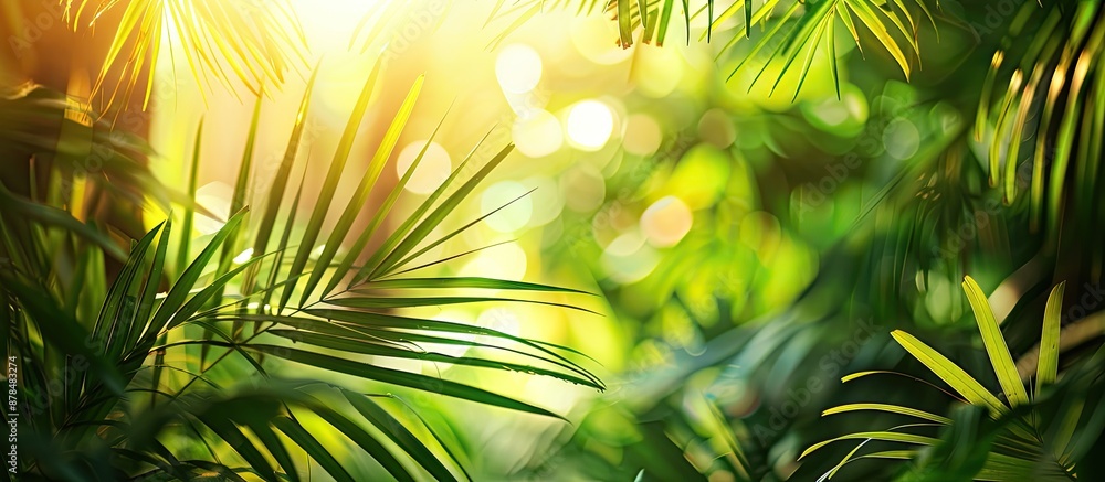 Aufkleber background with copy space image of blurred green leaves in a tropical setting, illuminated by sunli