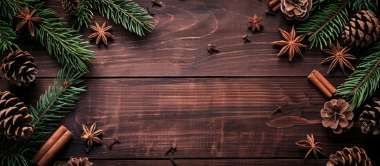 Festive Christmas arrangement featuring fir branches, pine cones, cinnamon sticks, anise, and twigs on dark wooden boards, with space for additional elements in the image.