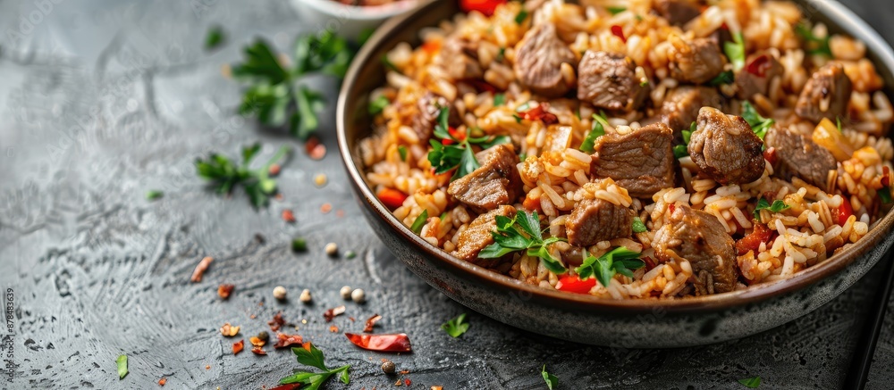 Aufkleber delicious rice and meat with pepper on a gray backdrop with copy space image.