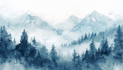 Misty Mountains with Pine Trees in Watercolor Illustration, Featuring a White Background and Blue Color Scheme. Blurred Effect to Convey Mystery in Nature, in the Style of a Romantic Artist.