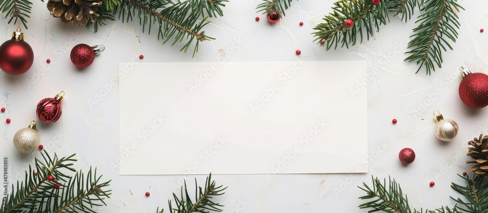 Poster festive composition with blank card, fir branches, and christmas ornaments on a white backdrop with 