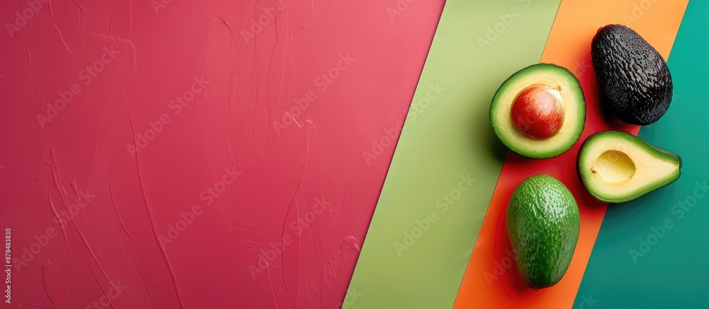 Poster avocado displayed on a vibrant decorative backdrop, with room for a copy space image.