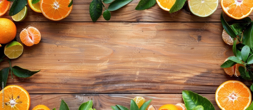 Poster citrus fruits like tangerines, mandarins, and clementines displayed on a wooden background alongside