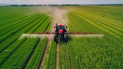 A tractor spraying pesticides on a field on green agricultural