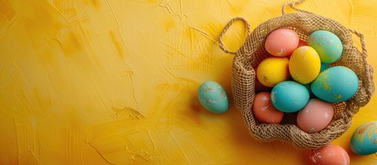 Easter eggs in various colors arranged in a mesh bag on a yellow surface, with a flat lay composition showcasing the copy space image.