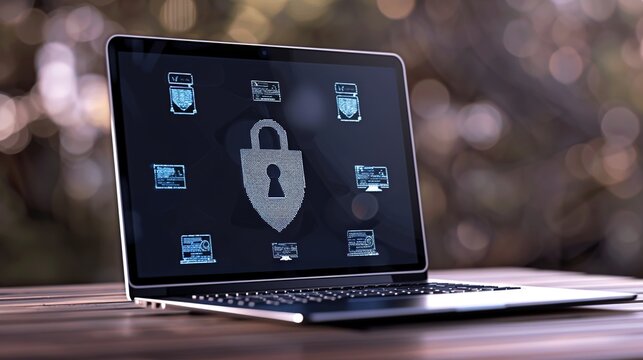 Laptop with a padlock icon on the screen, symbolizing data security.