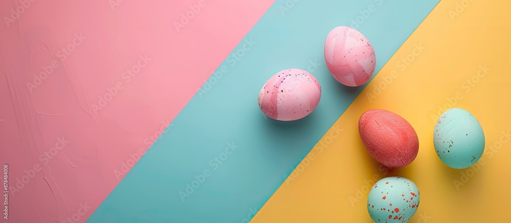 Poster Flat lay Easter eggs on a vibrant background with copy space image.