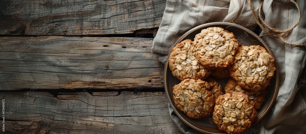 Poster An arrangement of oat cookies placed on a rustic wooden table with open space for adding images. image with copy space