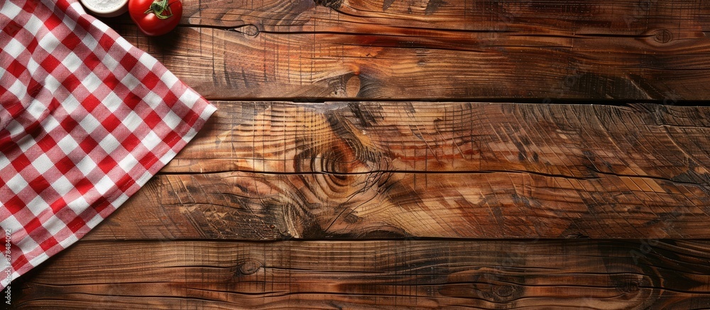 Poster an aerial view of a wooden table topped with a checkered tablecloth serves as a kitchen background, 