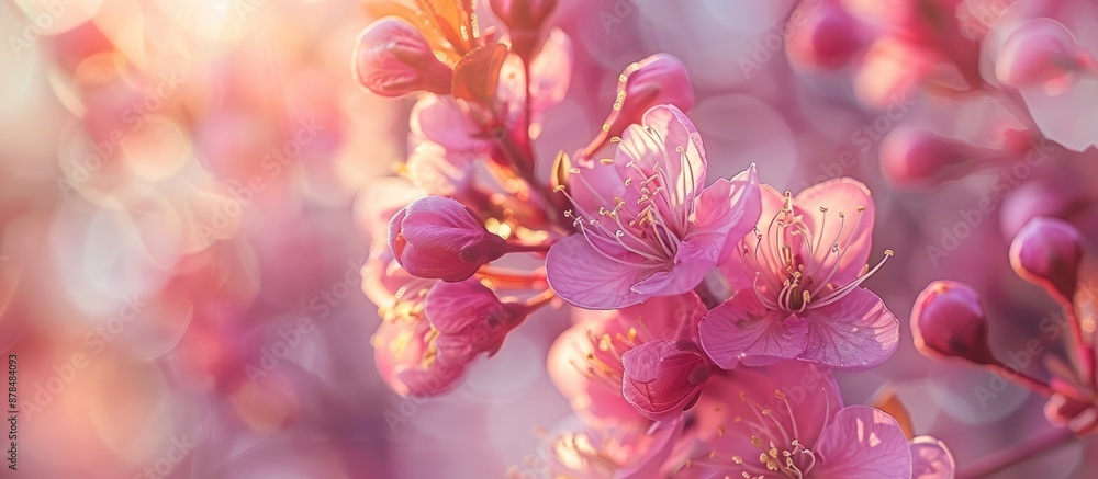 Poster Close-up image showcasing a tree branch with beautiful fresh pink flowers in full bloom during spring, creating a lovely floral background with copy space.