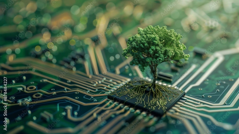 Aufkleber tree sprouting from a circuit board of nature and technology