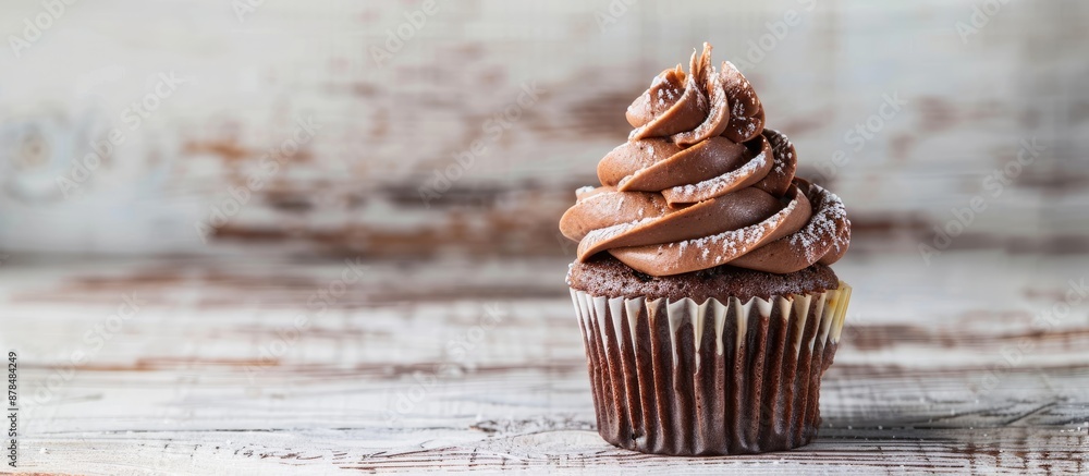 Poster delicious chocolate cupcake on rustic white wood with chocolate cream on top, ideal for adding a tex