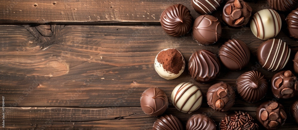 Poster Chocolate candy displayed on a wooden backdrop with copy space image.