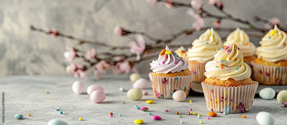 Poster delicious easter cupcakes displayed on a neutral grey backdrop with copy space image.
