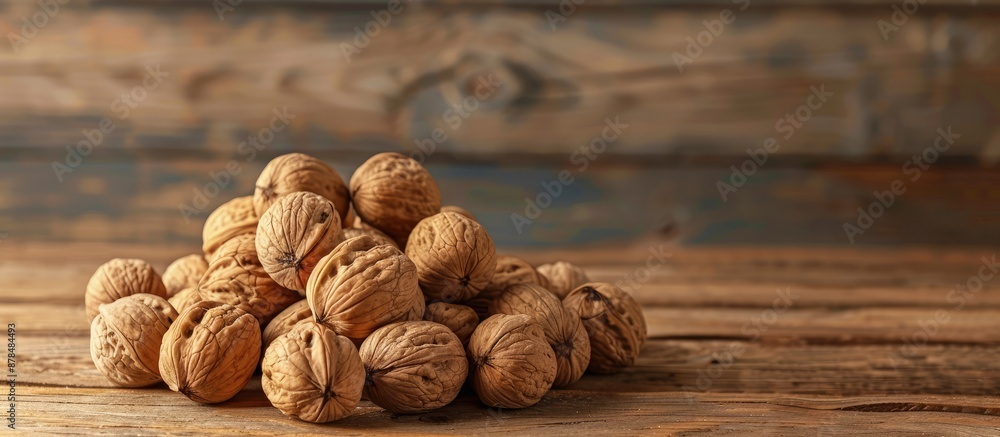 Leinwandbilder close-up view of a pile of walnuts on a wooden surface with ample copy space image.