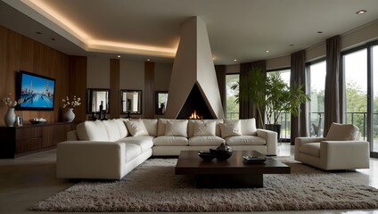 A modern living room interior using primarily triangular furnishings ai_generated