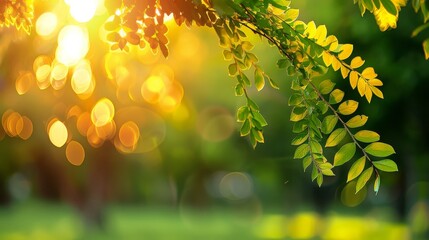 Obraz premium Blur Green Tree Abstract: Summer Park Background with Sunlight - Creative Banner with Copy Space