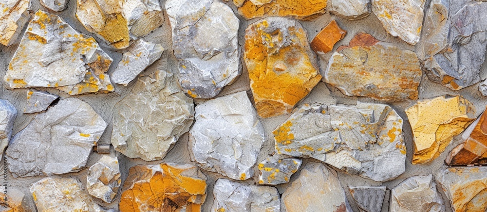 Aufkleber close-up image of a light stone wall showcasing a mix of yellow, gray, and orange stones with cement