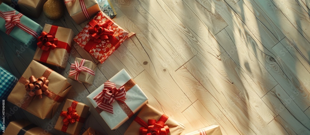 Poster Aerial perspective of festive gift boxes placed on the floor in a room with ample space for text or other content in the picture, known as a copy space image.